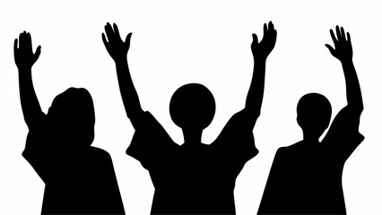 Silhouette of three people with raised arms against a white background in a simple black and white design | editable eps vectors