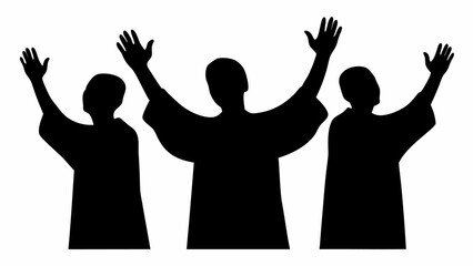 Three silhouetted figures with arms raised in the air against a white background standing together | editable eps vectors