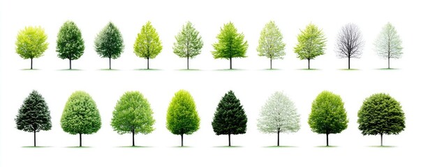 Row of diverse trees in various stages of leaf development, against a white background