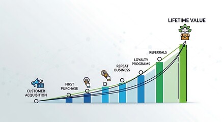Customer journey charting growth from acquisition to maximum lifetime value and business success