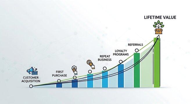 Customer journey charting growth from acquisition to maximum lifetime value and business success