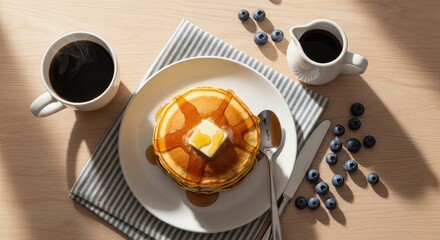 Delicious stack of pancakes with butter, maple syrup, blueberries, and coffee on a wooden table.