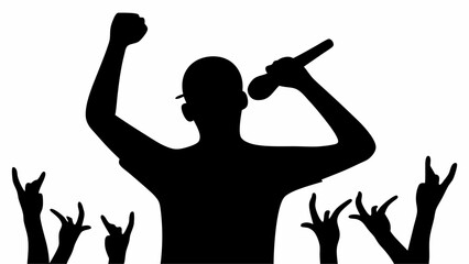 Silhouette of a singer with a microphone performing on stage with audience raising hands in rock sign | editable eps vectors
