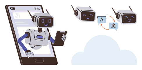 Robot on smartphone interacts with users, translating text between languages with cloud support. Ideal for technology, communication, AI, globalization, education, innovation multilingualism. Simple