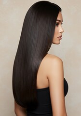 Fototapeta premium Studio portrait of a beautiful woman with exceptionally smooth, straight brown hair.