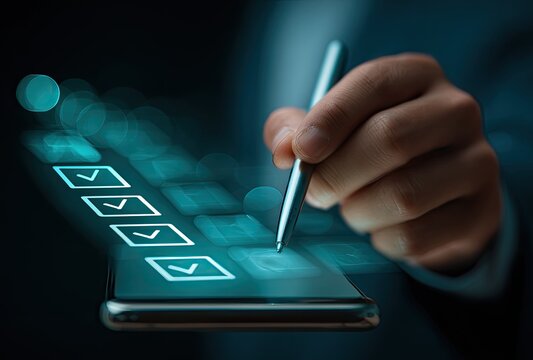 A hand holding a pen over a holographic checklist on a phone - Powered by Adobe