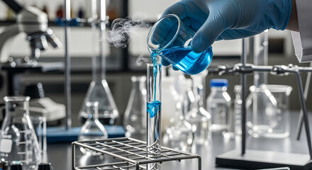 Researcher conducting a chemical reaction by pouring a blue fuming substance from a beaker into a test tube in a modern science laboratory