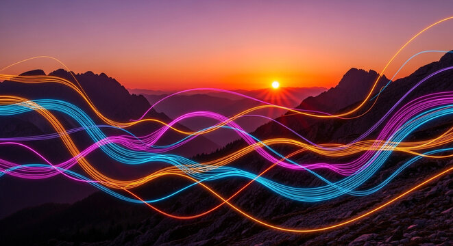 Vibrant neon light trails dance across dramatic mountain sunset landscape, symbolizing data flow and innovation