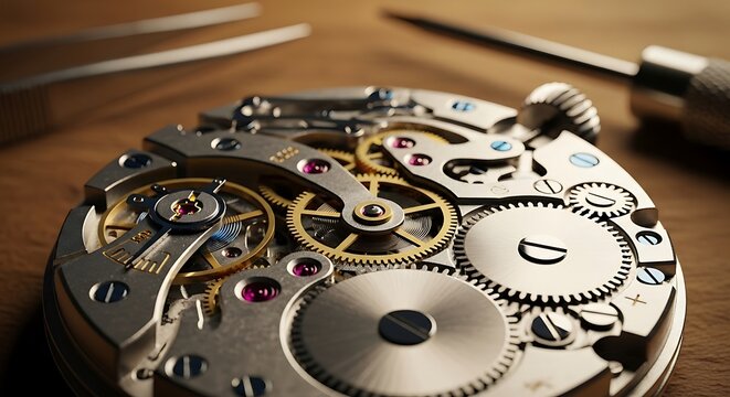 Intricate watch mechanism with gears and jewels, showcasing precision engineering and craftsmanship in detail