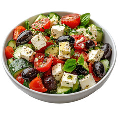 Fresh greek salad featuring tomatoes cucumbers olives and feta cheese in a white bowl perfect for healthy eating and mediterranean cuisine concepts on transparent background