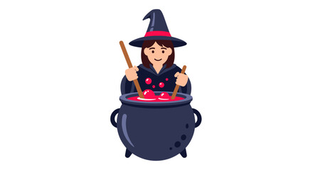 Cheerful Cartoon Witch Stirring a Cauldron of Potion.