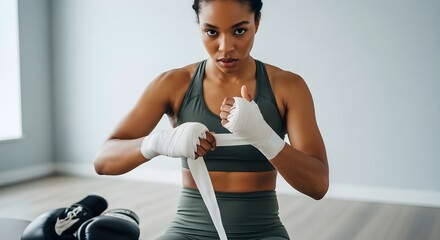 Determined Female Boxer Wrapping Hands Before Training