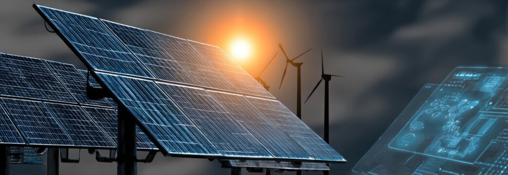 Solar panels and wind turbines under dramatic sky, overlaid with digital interface