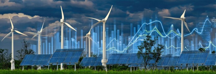 Sustainable energy future with wind turbines and solar panels, overlaid with financial growth charts
