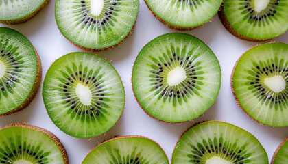 Fototapeta premium Close-up of fresh green kiwi slices arranged neatly on white background