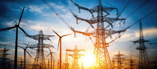 Silhouette of wind turbines and power lines at sunset