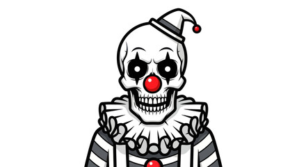 Skull Clown with Hat and Ruffled Collar, Red Nose, Striped Outfit.