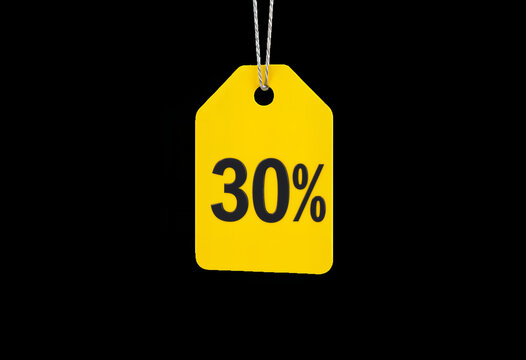 Thirty percent off sale promotion discount tag yellow price label offer retail shopping 90 , isolated on transparent background - Powered by Adobe