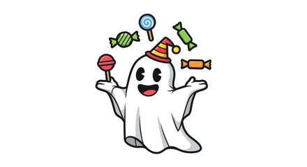Cartoon Ghost with Party Hat Surrounded by Candy.