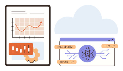 Graph with rising trend, gear, coding interface with atomic structure, and cloud. Ideal for technology, data science, machine learning, innovation, software development automation simple landing