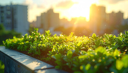 Urban Oasis: A close-up shot showcases a vibrant green garden, thriving with lush plants, set against the backdrop of a sun-drenched cityscape.