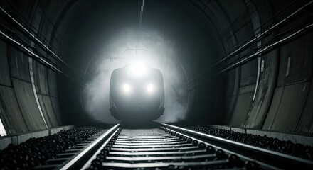 Train approaching rapidly in a dark, mysterious tunnel on railway tracks.