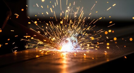 Bright golden sparks flying from a welding operation in a dark industrial workshop, illustrating metalwork.