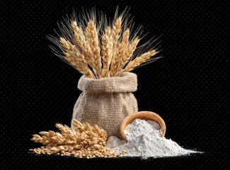 Wheat ears, flour, and burlap sack