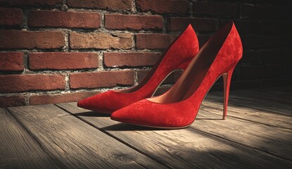Red suede high-heeled shoes on wooden floor against brick wall