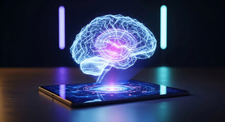 Holographic human brain projected from a smart device, embodying advanced artificial intelligence and future digital cognitive technology integration