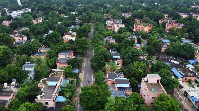Aerial view of the Indian city houses. residential buildings and greenery in one frame. Best planned city Bhubaneswar. 