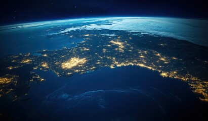 Fototapeta premium View of Earth from space at night with glowing lights across different regions, showcasing global interconnectedness and distinct geographic borders including Italy and London Victoria Island