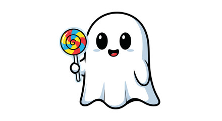 Cute Cartoon Ghost Holding a Colorful Swirl Lollipop.