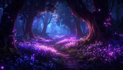 A luminous pathway winds through a mystical forest bathed in vibrant purple and blue light, featuring glowing flora and ancient trees.