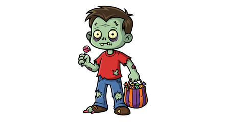 Cute Cartoon Zombie Boy Trick-or-Treating with Candy.