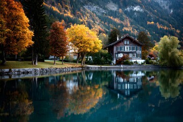 Fototapeta premium Traditionelles Haus am See mit buntem Herbstlaub 