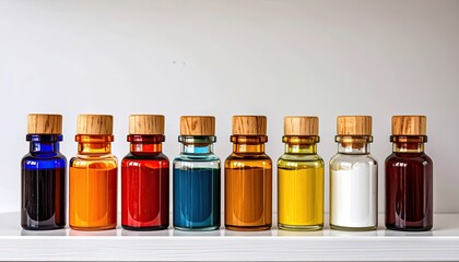 Row of small, colored jars with wooden lids on a white shelf