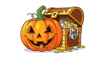 Cartoon Halloween Jack-o-lantern and Treasure Chest Filled with Gold and Jewels.