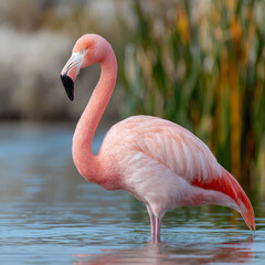 A pink flamingo standing by the water in a natural habitat.