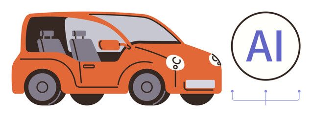 Fototapeta premium Autonomous orange car with AI icon, representing artificial intelligence in transportation systems. Ideal for future technology, automation, innovation, transportation, AI applications, smart