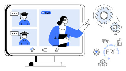 Teacher pointing at screen, two students in graduation caps interacting, monitor, gears, ERP cycle. Ideal for education, learning, virtual training, technology teamwork communication growth