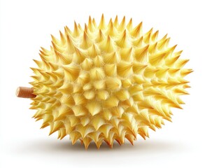 Single durian fruit, pale yellow, spiky shell, isolated