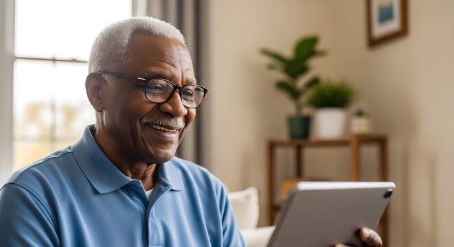Senior Black Man Smiling Using Digital Tablet