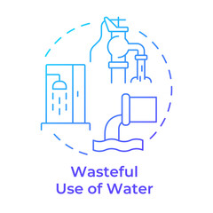 Wasteful use of water blue gradient concept icon. Careless consumption problem. Cause of freshwater scarcity. Round shape line illustration. Abstract idea. Graphic design. Easy to use in booklet