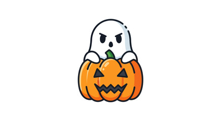 Cartoon Ghost with Angry Expression Peeking Over a Carved Pumpkin.