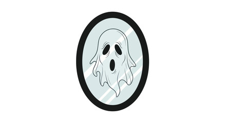 Cartoon Ghost Icon in Black Oval Frame with Spooky Expression.