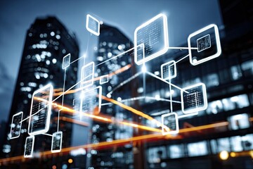 Networked city, glowing data streams.  Abstract tech overlay