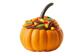 A Halloween pumpkin filled with candy worms, isolated on a transparent background.