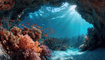Sunlight streams through underwater coral cave
