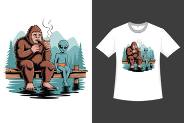 A whimsical illustration of Bigfoot and an alien sitting on a rustic wooden dock, overlooking a serene lake.